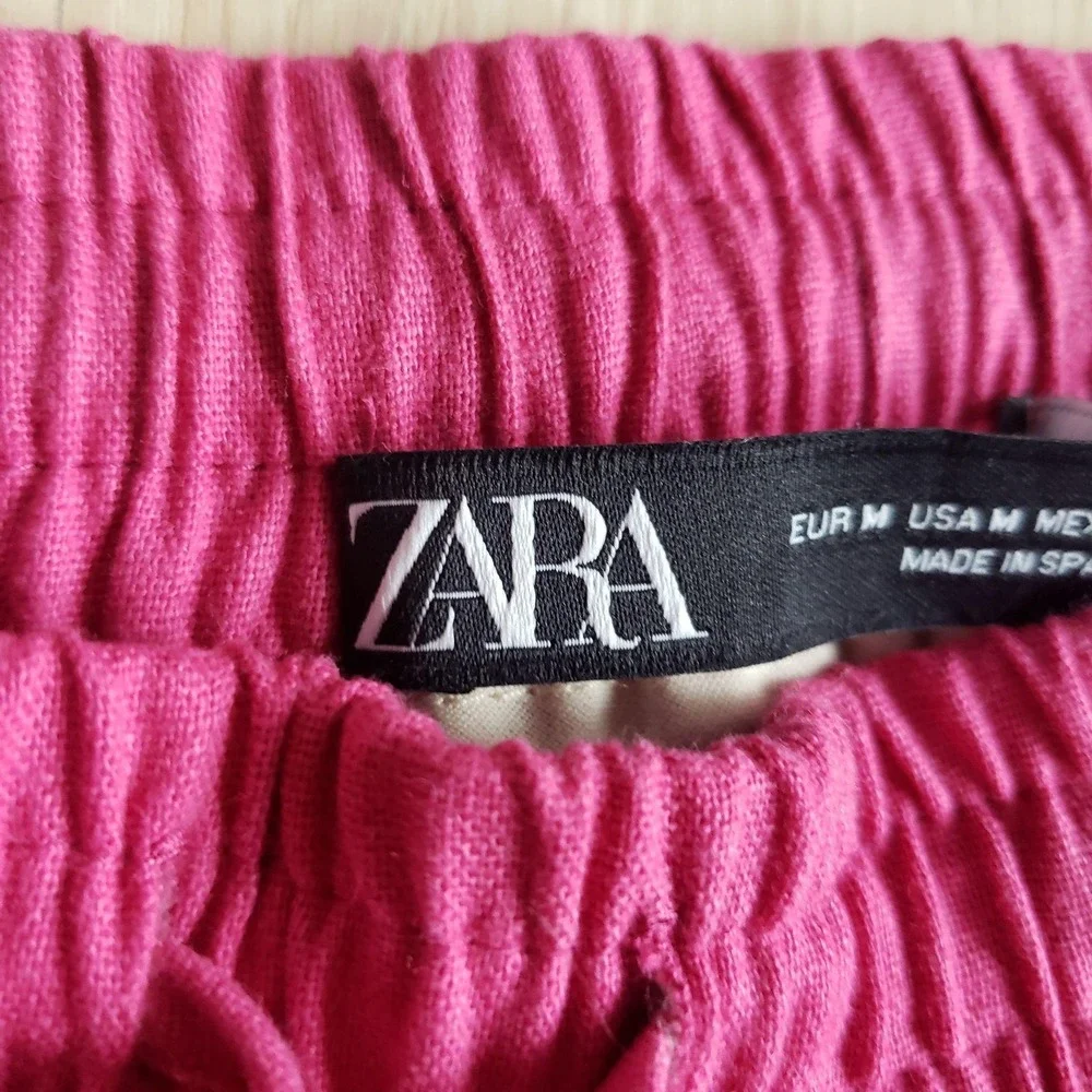 Zara Dress Pants Womens M Pink Linen Cotton Wide Leg Elastic Drawstring Waist